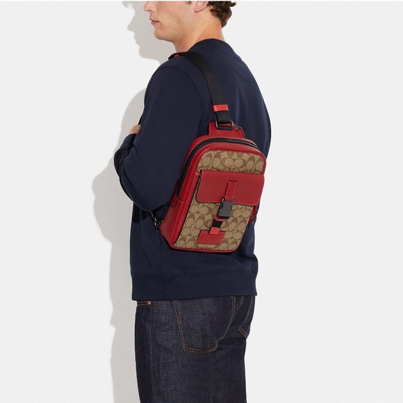 Coach Track Pack In Colorblock Signature Red Brown - Picture 5 of 11